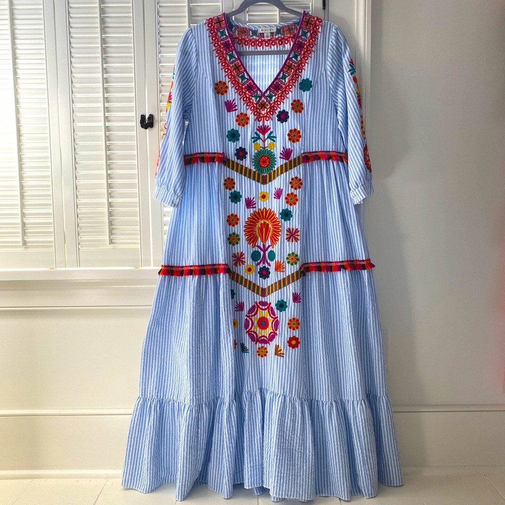 Coastal Anthropologie Stellah embroidered caftan dress PS